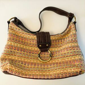 Beachy Hobo Shoulder Bag Multi-Colored Woven Brown Grannie Chic 70s Style